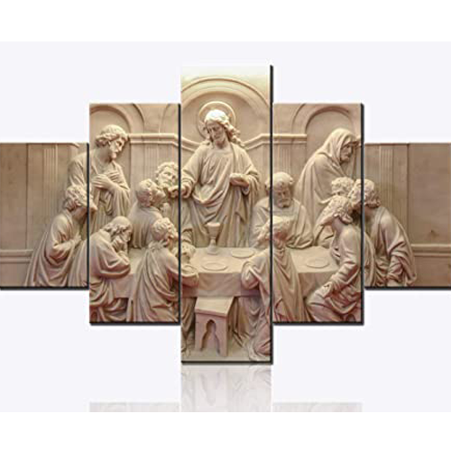 Jesus Pictures for Wall The Last Supper Sculpture Style Wall Art Christian Religious Paintings Artwork 5 Pcs/Multi Panel Canvas Home Decor for Living Room Wooden Framed Ready to Hang(60''Wx40''H)