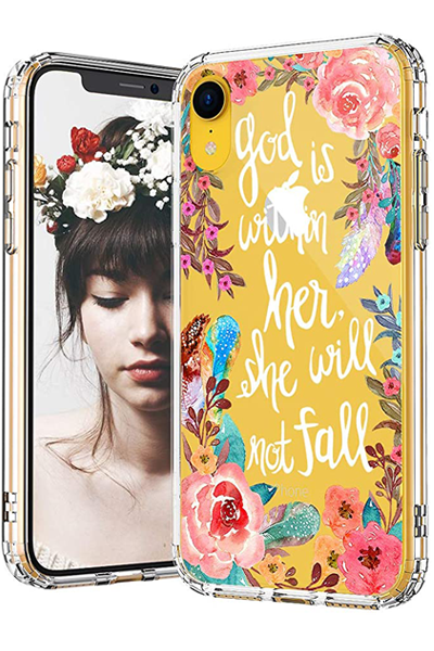MOSNOVO iPhone XR Case, Floral Flower with Christian Quote Pattern Printed Clear Design Transparent Plastic Back Case with TPU Bumper Protective Case Cover for iPhone XR